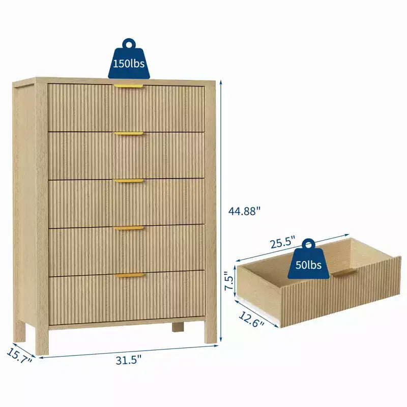 Cassettiera a 5 cassetti scanalata, cassettiera sottile in legno alta 114 cm per piccoli spazi, cassettiera moderna stile farmhouse per camera da letto, cameretta, appartamento