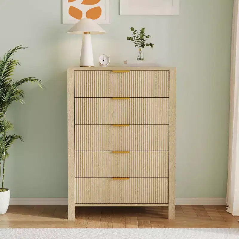 Cassettiera a 5 cassetti scanalata, cassettiera sottile in legno alta 114 cm per piccoli spazi, cassettiera moderna stile farmhouse per camera da letto, cameretta, appartamento