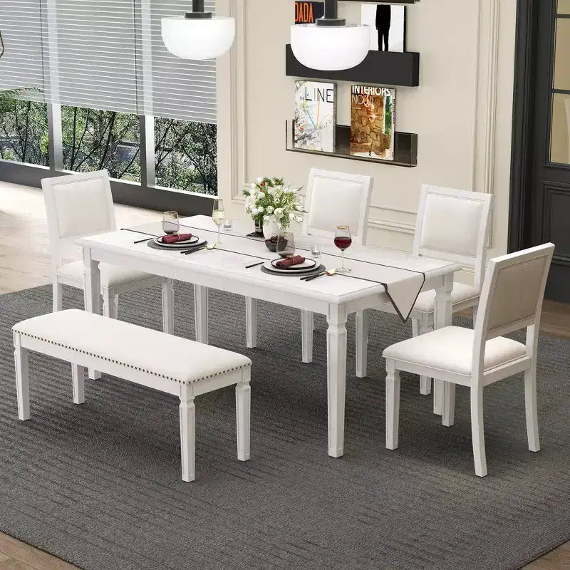 Set tavolo da pranzo vintage e set tavolo da cucina rustico per 6 con 4 sedie e panca e gambe intagliate retrò