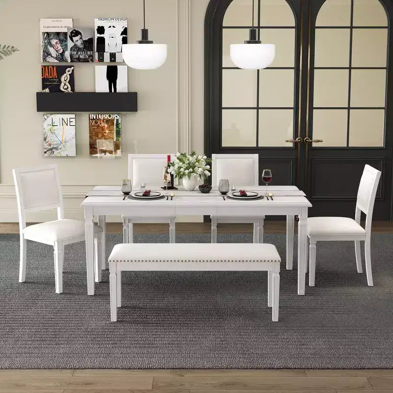 Set tavolo da pranzo vintage e set tavolo da cucina rustico per 6 con 4 sedie e panca e gambe intagliate retrò