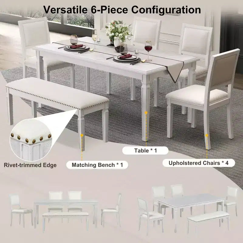Set tavolo da pranzo vintage e set tavolo da cucina rustico per 6 con 4 sedie e panca e gambe intagliate retrò