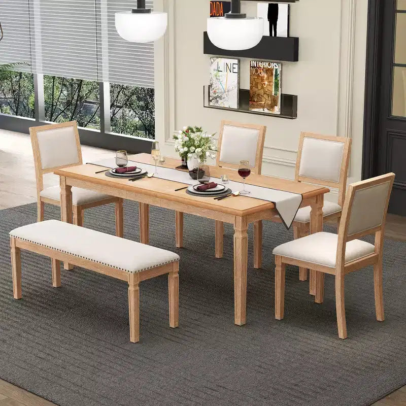Set tavolo da pranzo vintage e set tavolo da cucina rustico per 6 con 4 sedie e panca e gambe intagliate retrò