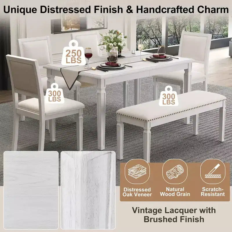 Set tavolo da pranzo vintage e set tavolo da cucina rustico per 6 con 4 sedie e panca e gambe intagliate retrò