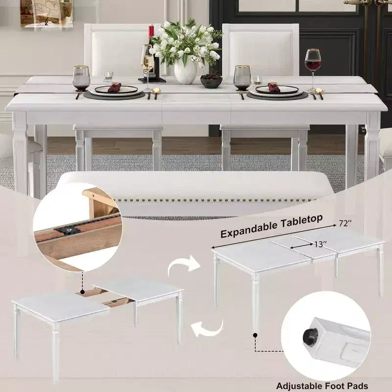 Set tavolo da pranzo vintage e set tavolo da cucina rustico per 6 con 4 sedie e panca e gambe intagliate retrò