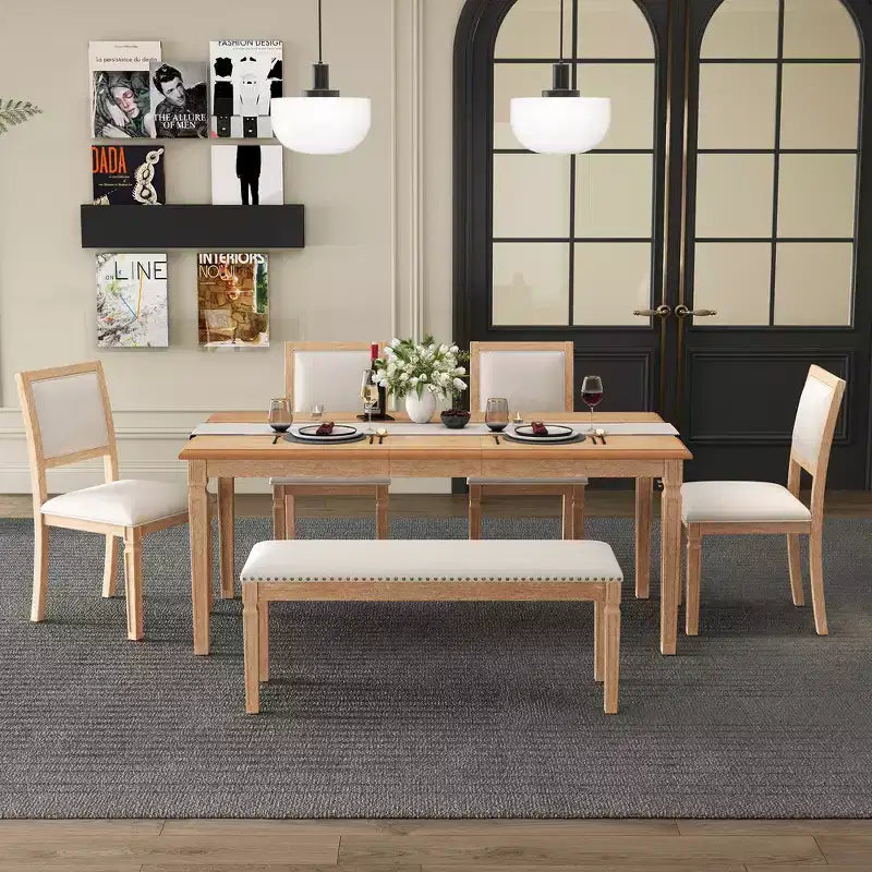 Set tavolo da pranzo vintage e set tavolo da cucina rustico per 6 con 4 sedie e panca e gambe intagliate retrò