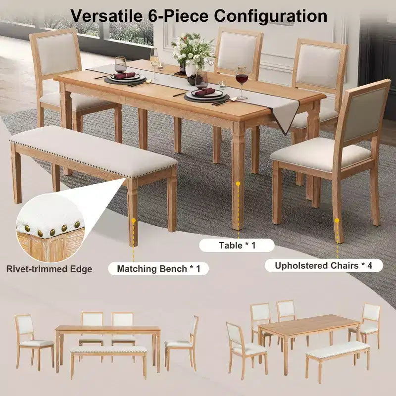 Set tavolo da pranzo vintage e set tavolo da cucina rustico per 6 con 4 sedie e panca e gambe intagliate retrò
