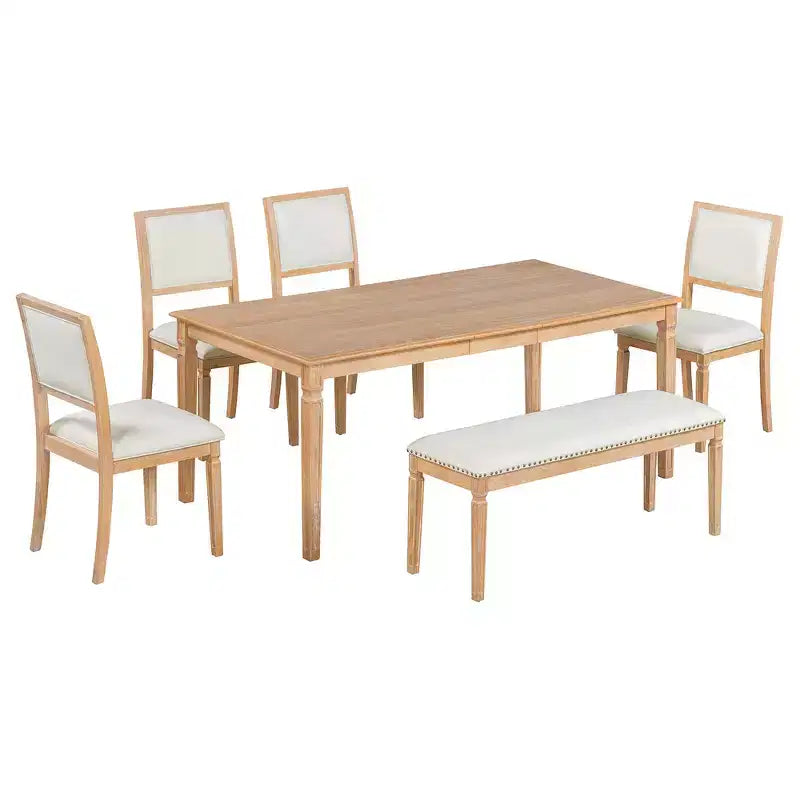 Set tavolo da pranzo vintage e set tavolo da cucina rustico per 6 con 4 sedie e panca e gambe intagliate retrò