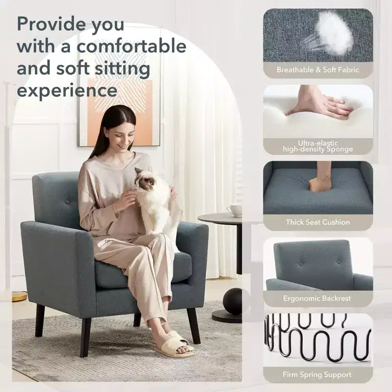 Poltrona di design, poltrona moderna con schienale a orecchioni per soggiorno, poltrona da lettura in tessuto di lino, comoda poltrona singola, cuscino ad alta resilienza