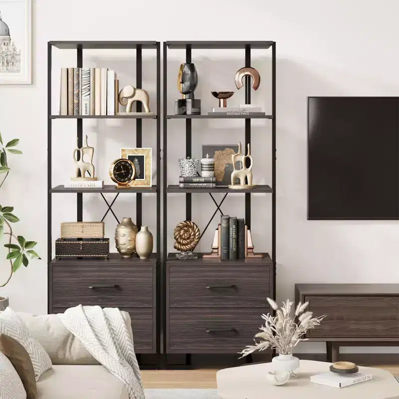 Libreria a 3 ripiani, organizer per libri, libreria in legno con 2 cassetti, scaffale industriale da esposizione per ufficio, camera da letto, soggiorno, marrone