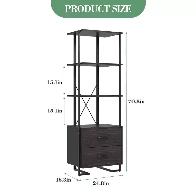Libreria a 3 ripiani, organizer per libri, libreria in legno con 2 cassetti, scaffale industriale da esposizione per ufficio, camera da letto, soggiorno, marrone
