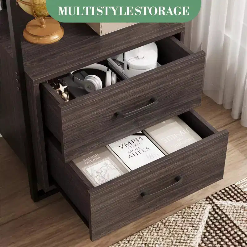 Libreria a 3 ripiani, organizer per libri, libreria in legno con 2 cassetti, scaffale industriale da esposizione per ufficio, camera da letto, soggiorno, marrone