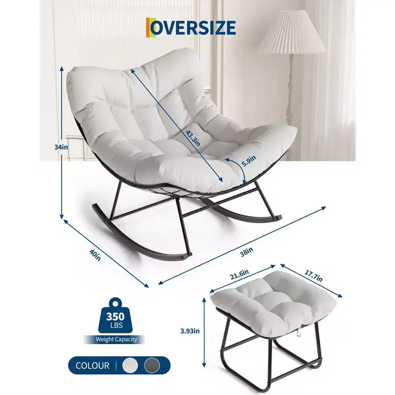 Sedia a sdraio oversize con poggiapiedi, poltrona a dondolo Papasan da esterno con pouf e robusta struttura in metallo, dondolo a uovo in rattan per patio