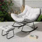 Sedia a sdraio oversize con poggiapiedi, poltrona a dondolo Papasan da esterno con pouf e robusta struttura in metallo, dondolo a uovo in rattan per patio