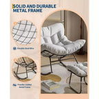 Sedia a sdraio oversize con poggiapiedi, poltrona a dondolo Papasan da esterno con pouf e robusta struttura in metallo, dondolo a uovo in rattan per patio