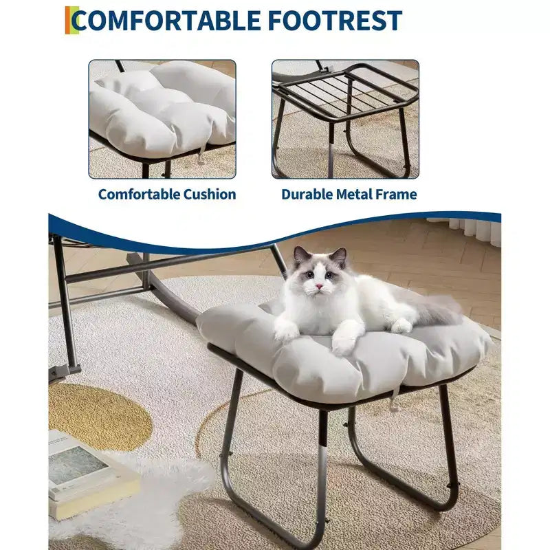 Sedia a sdraio oversize con poggiapiedi, poltrona a dondolo Papasan da esterno con pouf e robusta struttura in metallo, dondolo a uovo in rattan per patio