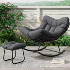 Sedia a sdraio oversize con poggiapiedi, poltrona a dondolo Papasan da esterno con pouf e robusta struttura in metallo, dondolo a uovo in rattan per patio