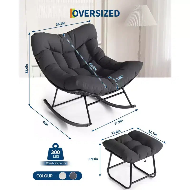 Sedia a sdraio oversize con poggiapiedi, poltrona a dondolo Papasan da esterno con pouf e robusta struttura in metallo, dondolo a uovo in rattan per patio