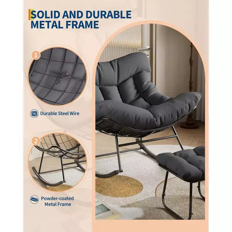 Sedia a sdraio oversize con poggiapiedi, poltrona a dondolo Papasan da esterno con pouf e robusta struttura in metallo, dondolo a uovo in rattan per patio