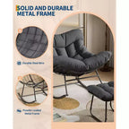 Sedia a sdraio oversize con poggiapiedi, poltrona a dondolo Papasan da esterno con pouf e robusta struttura in metallo, dondolo a uovo in rattan per patio