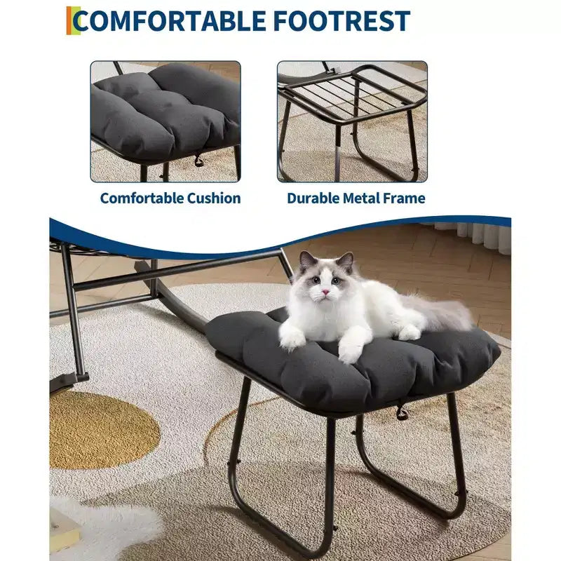 Sedia a sdraio oversize con poggiapiedi, poltrona a dondolo Papasan da esterno con pouf e robusta struttura in metallo, dondolo a uovo in rattan per patio