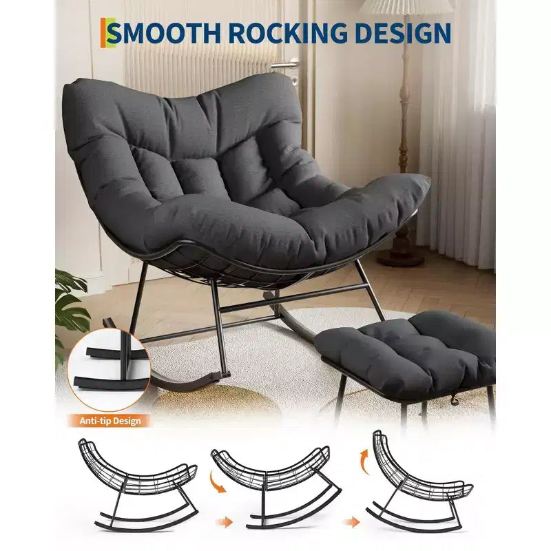 Sedia a sdraio oversize con poggiapiedi, poltrona a dondolo Papasan da esterno con pouf e robusta struttura in metallo, dondolo a uovo in rattan per patio