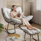 Sedia a sdraio oversize con poggiapiedi, poltrona a dondolo Papasan da esterno con pouf e robusta struttura in metallo, dondolo a uovo in rattan per patio