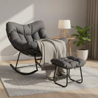 Oversized Lounge Chair with Footrest, Outdoor Papasan Rocking Chair with Ottoman and Sturdy Metal Frame, Patio Rattan Egg Rocker