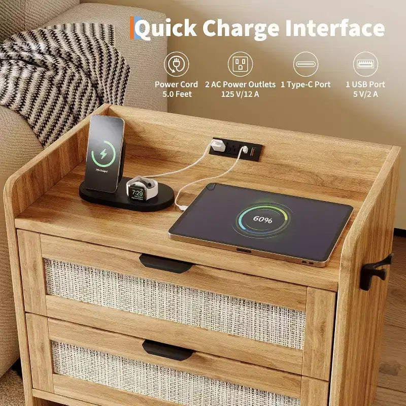 Comodino in vimini in set da 2 pezzi con stazione di ricarica Type-C, comodino bohémien con 2 cassetti per camera da letto
