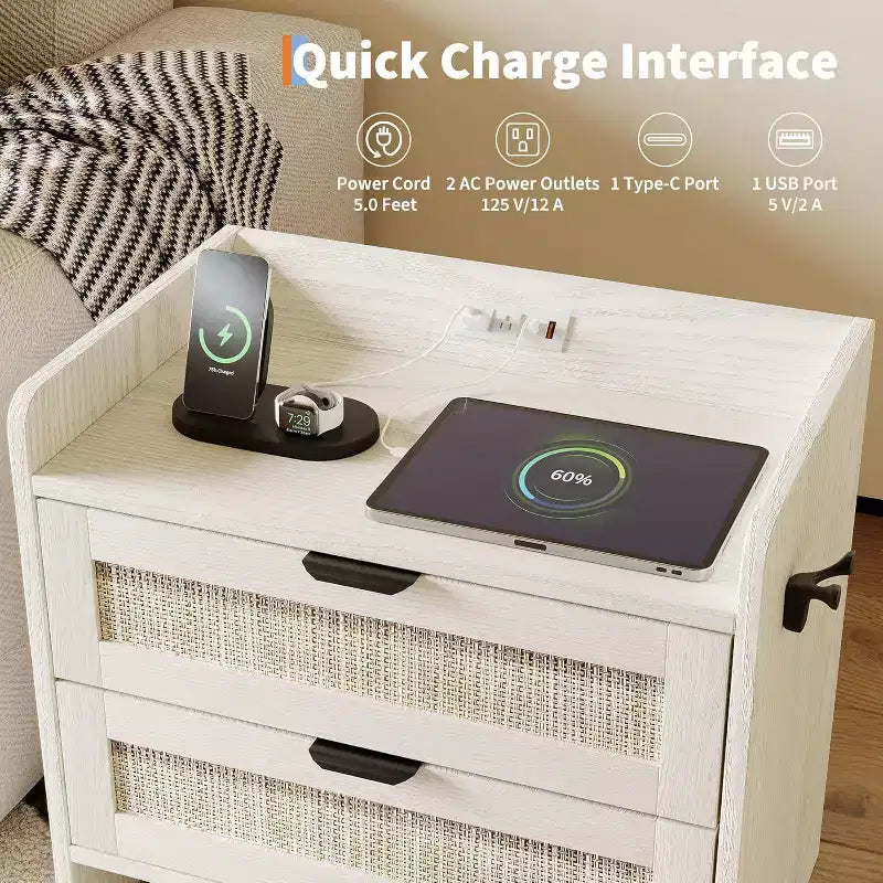 Comodino in vimini in set da 2 pezzi con stazione di ricarica Type-C, comodino bohémien con 2 cassetti per camera da letto