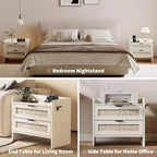 Comodino in vimini in set da 2 pezzi con stazione di ricarica Type-C, comodino bohémien con 2 cassetti per camera da letto