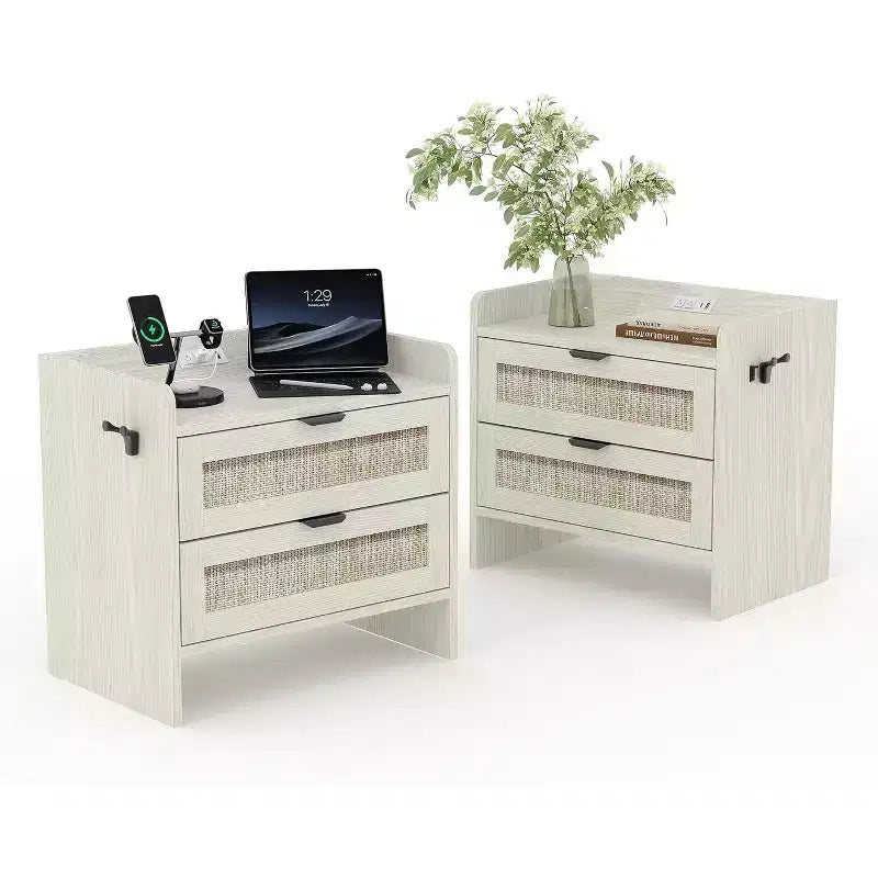 Comodino in vimini in set da 2 pezzi con stazione di ricarica Type-C, comodino bohémien con 2 cassetti per camera da letto
