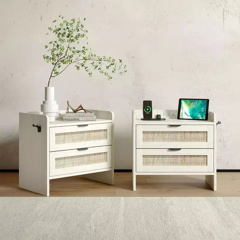 Comodino in vimini in set da 2 pezzi con stazione di ricarica Type-C, comodino bohémien con 2 cassetti per camera da letto