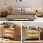 Comodino in vimini in set da 2 pezzi con stazione di ricarica Type-C, comodino bohémien con 2 cassetti per camera da letto