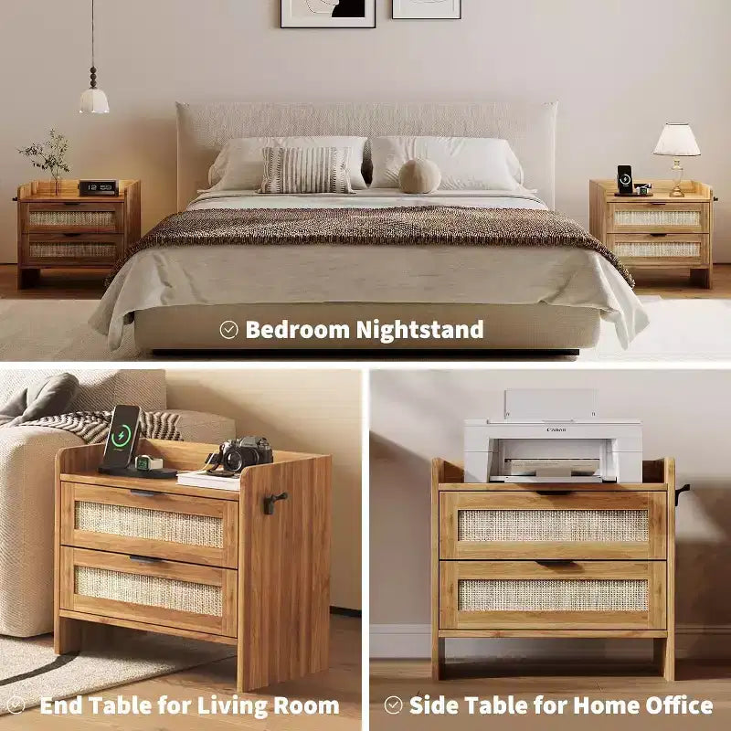 Comodino in vimini in set da 2 pezzi con stazione di ricarica Type-C, comodino bohémien con 2 cassetti per camera da letto