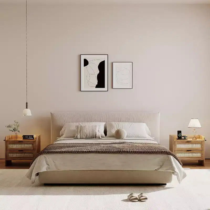 Comodino in vimini in set da 2 pezzi con stazione di ricarica Type-C, comodino bohémien con 2 cassetti per camera da letto