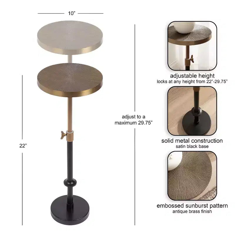 Piedistallo e Porta Piante Engles Regolabile in Metallo Goffrato, 25x25x76 cm, Oro e Nero