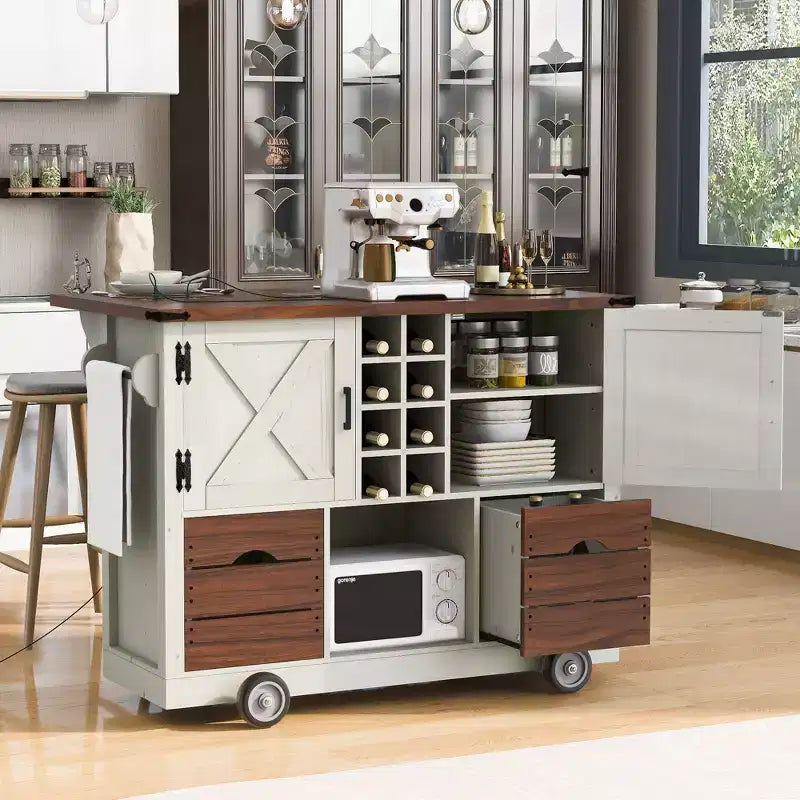 Isola da Cucina con Anta a Ribalta e Presa Elettrica, Organizzatore da Piano Lavoro con 2 Ante, 2 Cassetti, Carrello da Cucina per Cucina, Sala da Pranzo