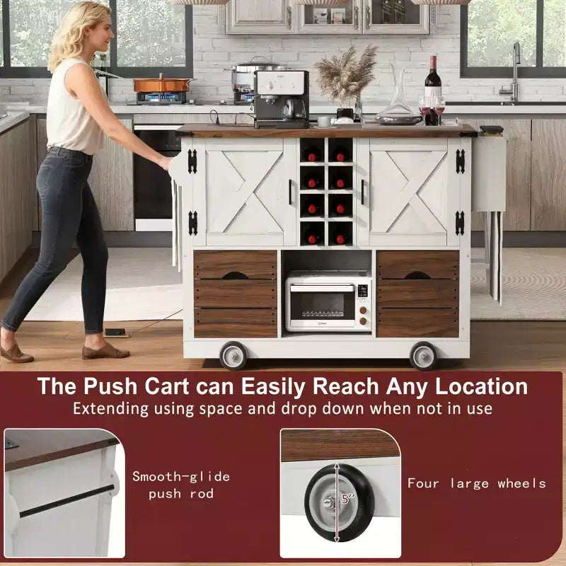 Isola da Cucina con Anta a Ribalta e Presa Elettrica, Organizzatore da Piano Lavoro con 2 Ante, 2 Cassetti, Carrello da Cucina per Cucina, Sala da Pranzo