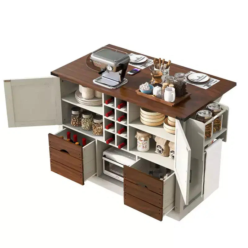 Isola da Cucina con Anta a Ribalta e Presa Elettrica, Organizzatore da Piano Lavoro con 2 Ante, 2 Cassetti, Carrello da Cucina per Cucina, Sala da Pranzo