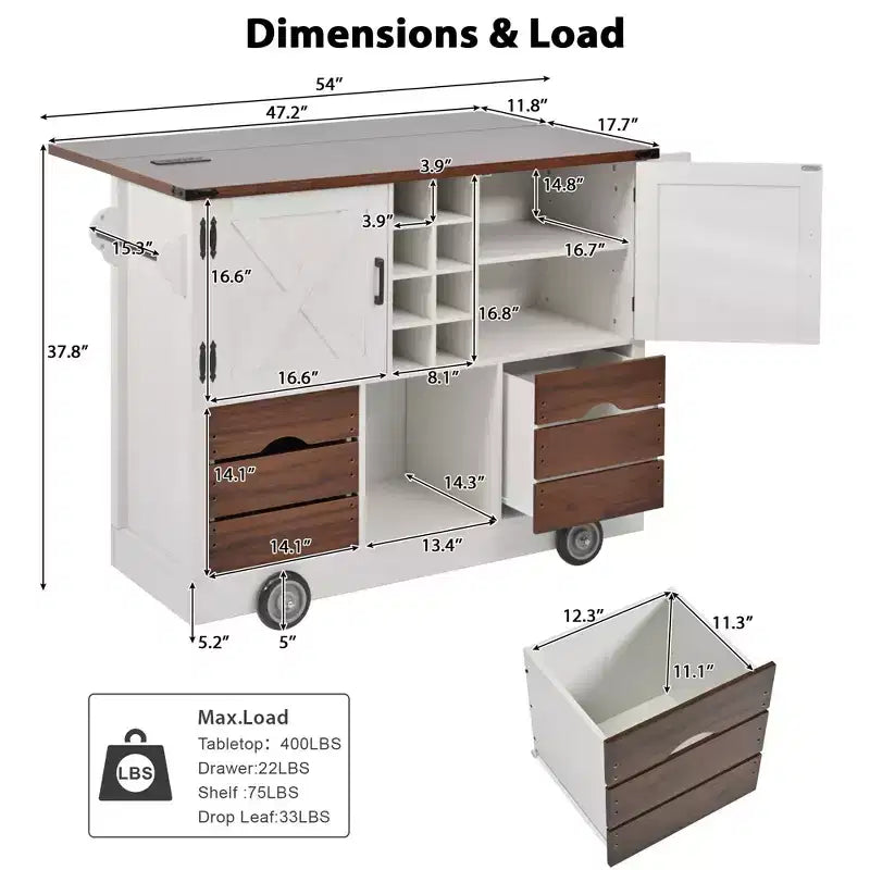 Isola da Cucina con Anta a Ribalta e Presa Elettrica, Organizzatore da Piano Lavoro con 2 Ante, 2 Cassetti, Carrello da Cucina per Cucina, Sala da Pranzo