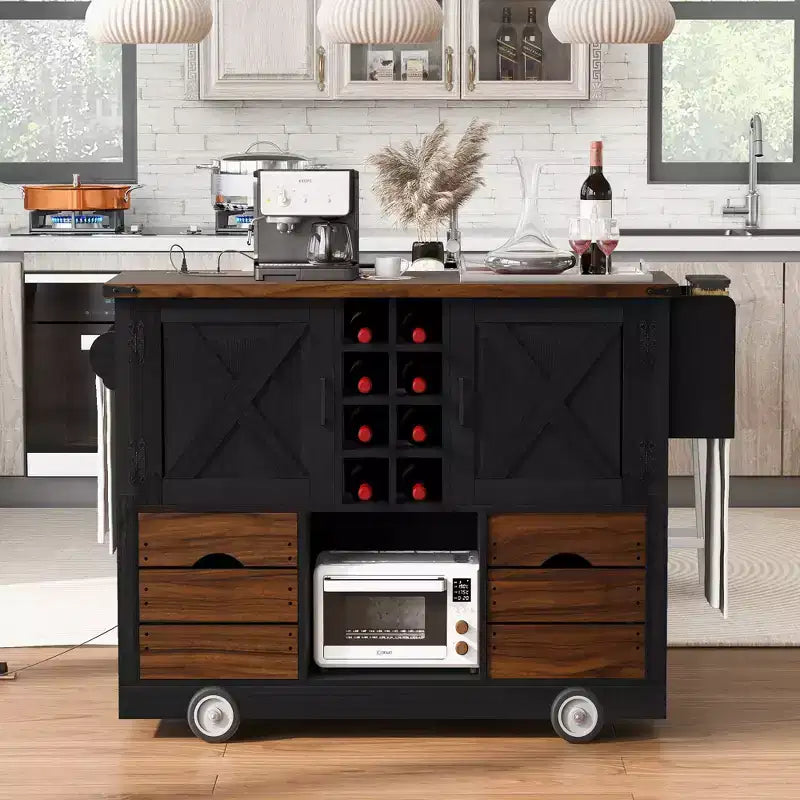 Isola da Cucina con Anta a Ribalta e Presa Elettrica, Organizzatore da Piano Lavoro con 2 Ante, 2 Cassetti, Carrello da Cucina per Cucina, Sala da Pranzo
