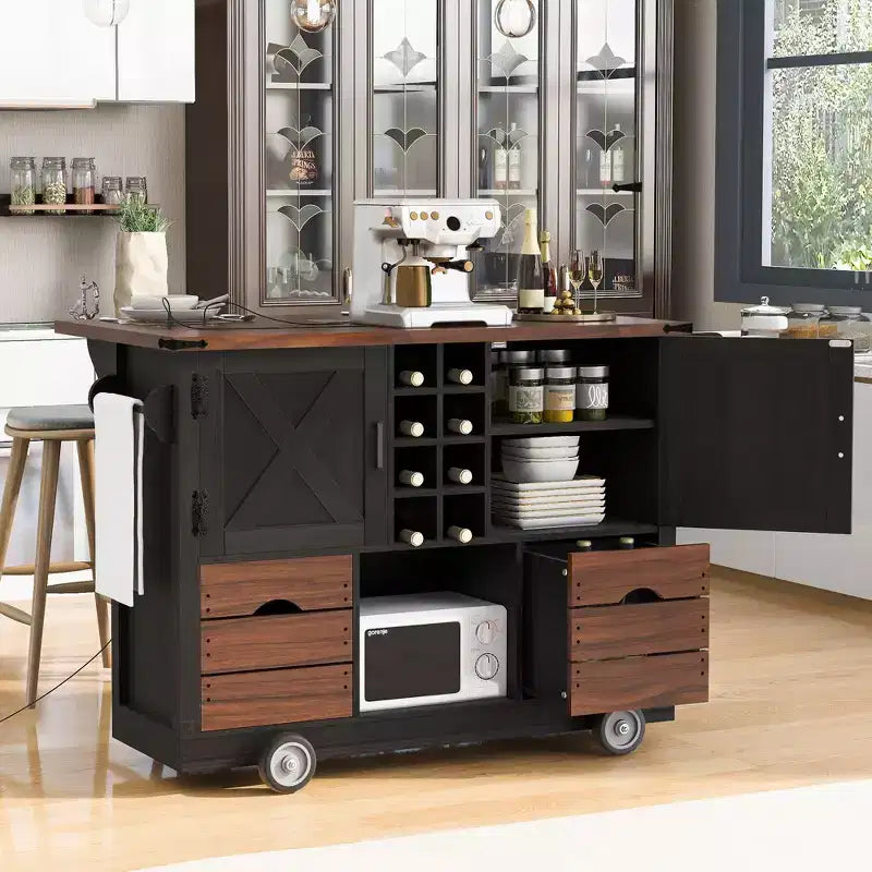 Isola da Cucina con Anta a Ribalta e Presa Elettrica, Organizzatore da Piano Lavoro con 2 Ante, 2 Cassetti, Carrello da Cucina per Cucina, Sala da Pranzo