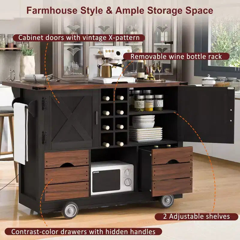 Isola da Cucina con Anta a Ribalta e Presa Elettrica, Organizzatore da Piano Lavoro con 2 Ante, 2 Cassetti, Carrello da Cucina per Cucina, Sala da Pranzo