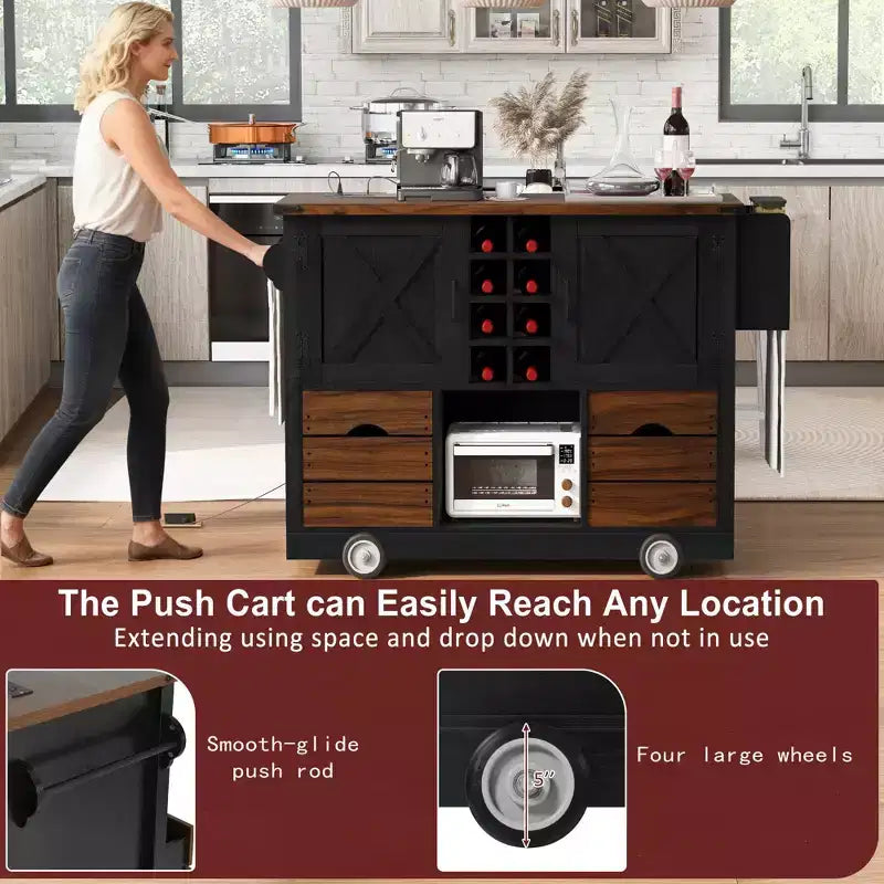 Isola da Cucina con Anta a Ribalta e Presa Elettrica, Organizzatore da Piano Lavoro con 2 Ante, 2 Cassetti, Carrello da Cucina per Cucina, Sala da Pranzo