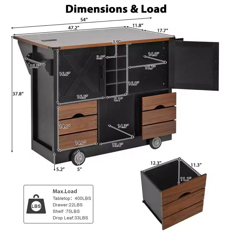 Isola da Cucina con Anta a Ribalta e Presa Elettrica, Organizzatore da Piano Lavoro con 2 Ante, 2 Cassetti, Carrello da Cucina per Cucina, Sala da Pranzo