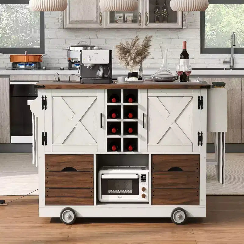 Isola da Cucina con Anta a Ribalta e Presa Elettrica, Organizzatore da Piano Lavoro con 2 Ante, 2 Cassetti, Carrello da Cucina per Cucina, Sala da Pranzo