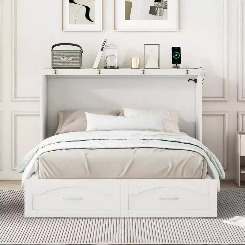 Letto a scomparsa matrimoniale/queen size con cassetti contenitori, letto a scomparsa in legno con prese e porte USB, design con struttura a puleggia