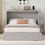 Letto a scomparsa matrimoniale/queen size con cassetti contenitori, letto a scomparsa in legno con prese e porte USB, design con struttura a puleggia