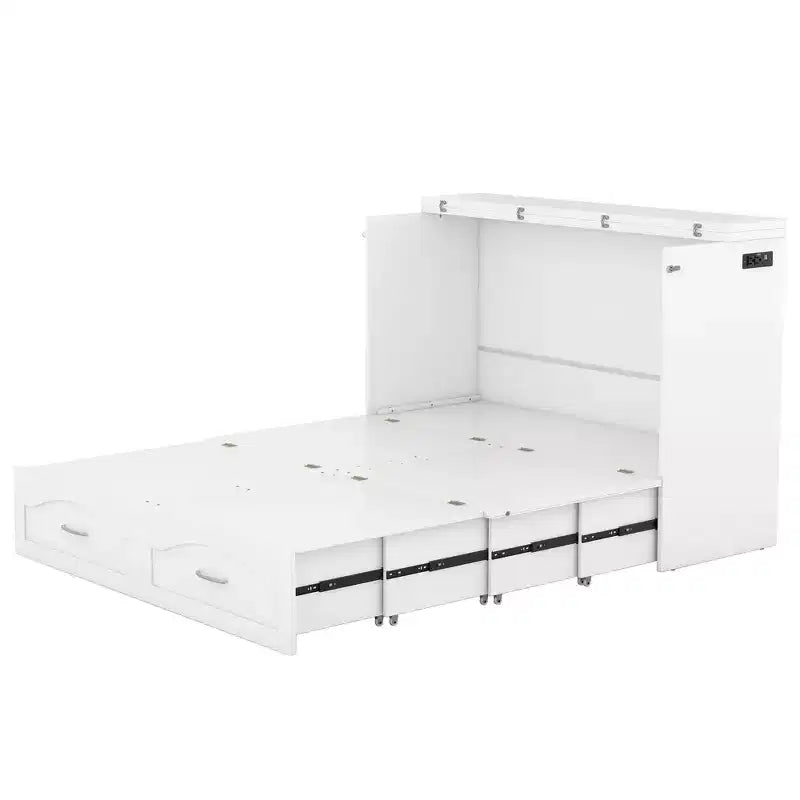 Letto a scomparsa matrimoniale/queen size con cassetti contenitori, letto a scomparsa in legno con prese e porte USB, design con struttura a puleggia