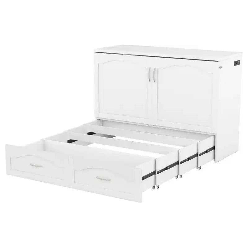 Letto a scomparsa matrimoniale/queen size con cassetti contenitori, letto a scomparsa in legno con prese e porte USB, design con struttura a puleggia